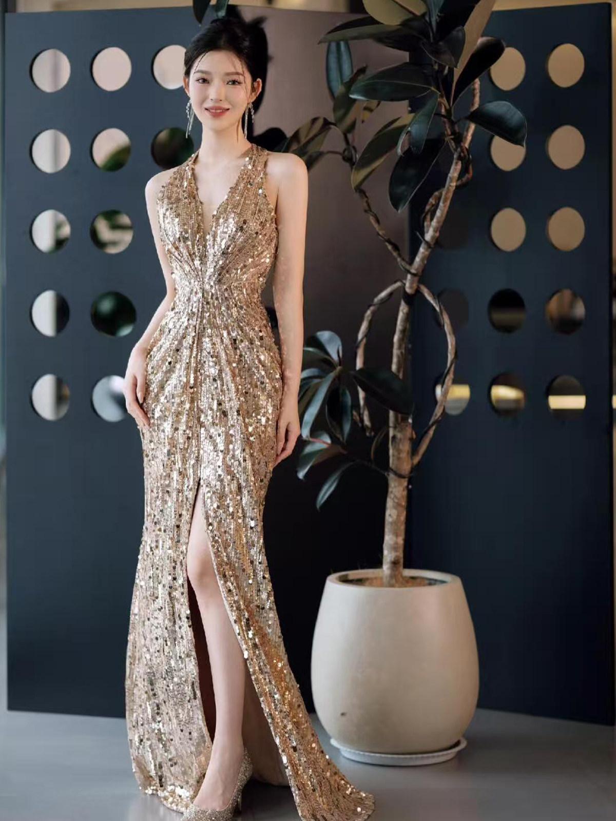 Golden sequined evening dress women`s high-end