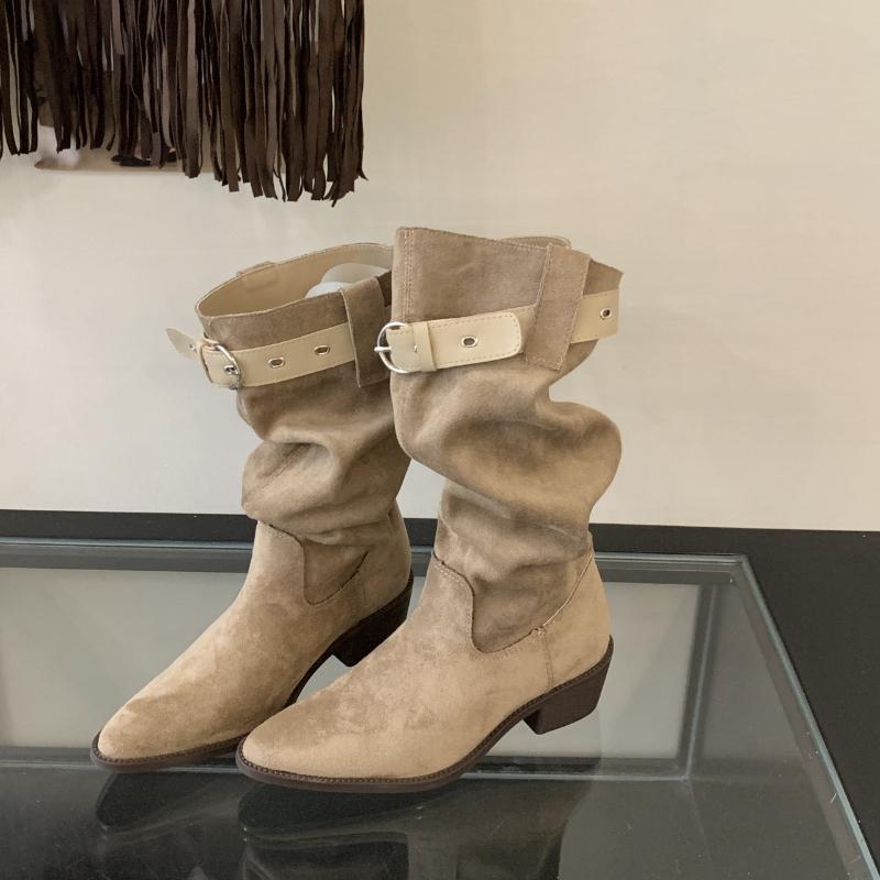 Women Fashion Boots Pointed Toe Square Heel Belt Buckle Long Boots Retro Autumn Fashion Suede Leather Botas Mujer High Quality