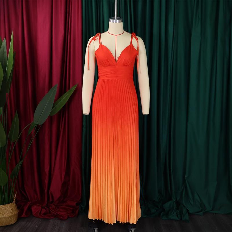 Plus Size Women V Neck Sexy High Waist Gradient Pleated Long Evening Dress