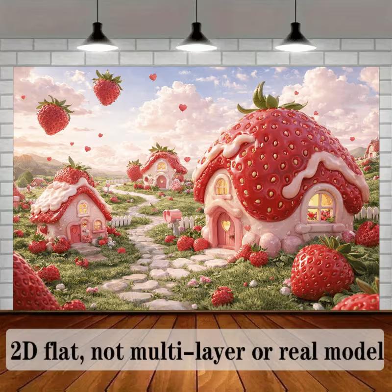 2D Whimsical Strawberry Houses & Hearts Photography Background
