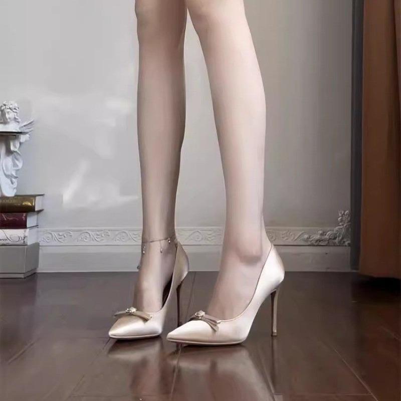 Fashion New Style Popular High Heels Women's Thin Heels Pointed French Temperament Bow Light Mouth Single Shoes Women Zapatos Mujer