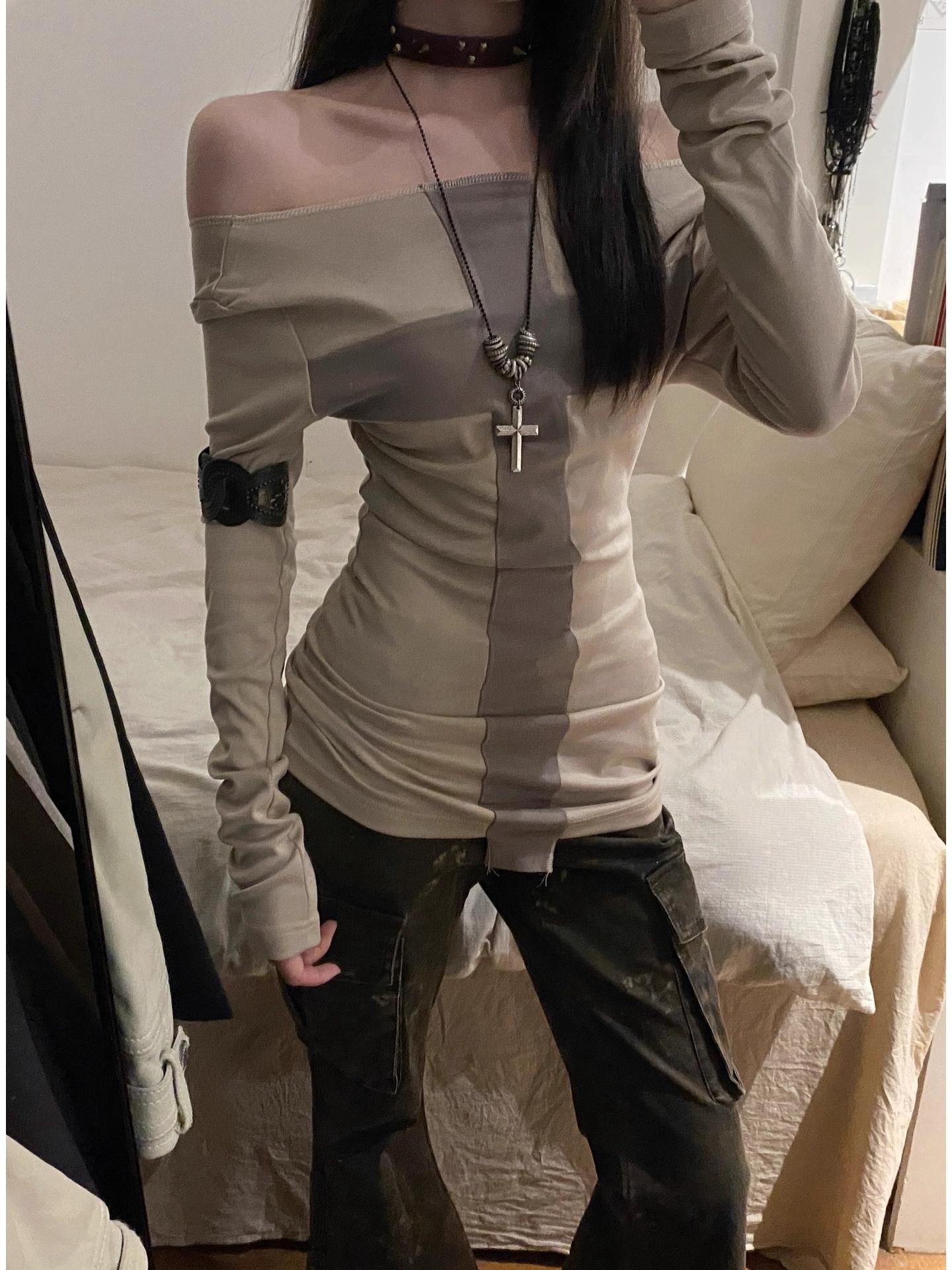 

Sleek One-Shoulder Long-Sleeve T-Shirt - Women s Autumn Slim-Fit Small хаки