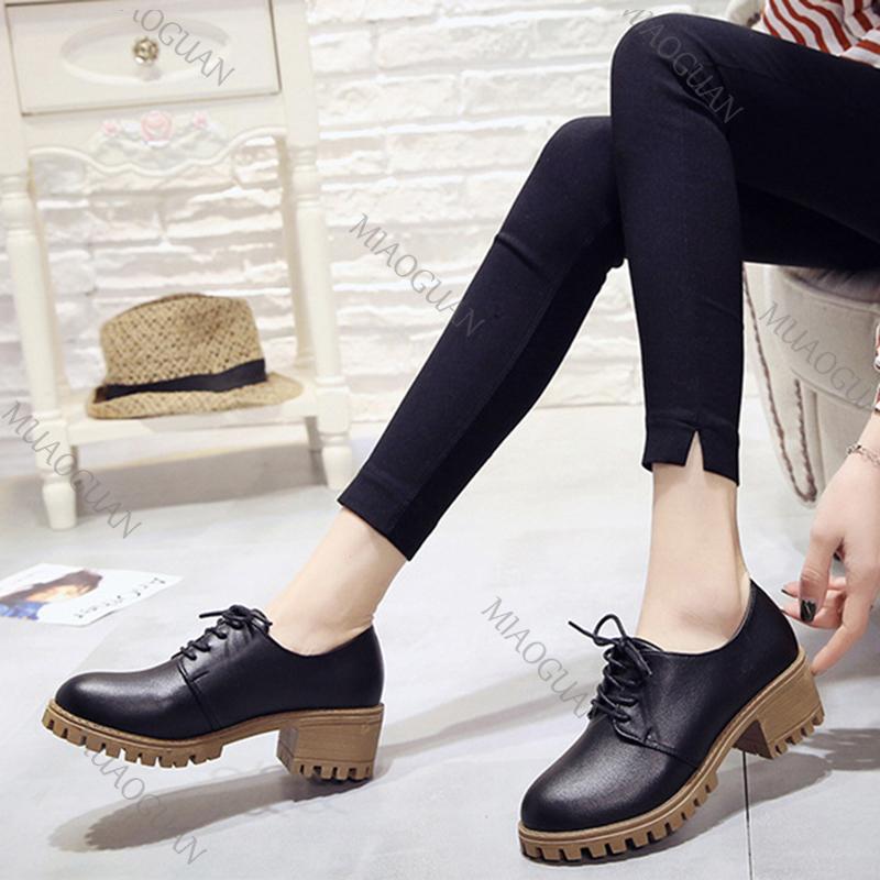 Fashion Spring Auutmn Women Pumps Thick Bottom Casual Shoes Solid Color Lace Up Heels for Women Pu Leather Chunky Middle Heeled Shoes
