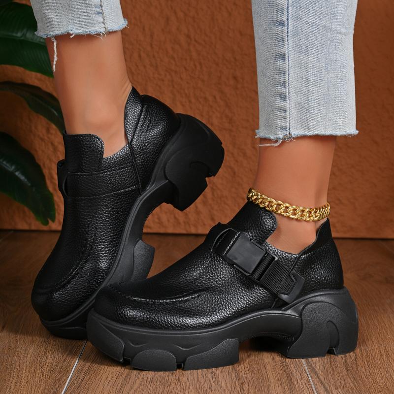 Retro Women Shoes Spring and Autumn Height Increase Thick Soled Casual Leather Shoes Round Head Buckled  Platform Sneakers Women