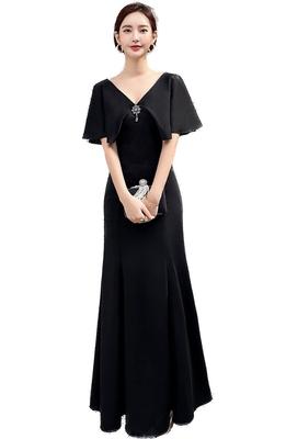 Party Wedding Evening [EightSTAR Dress] Dress, Sleeves, Mother's Dress, Mother's Dress, Black, Recital, Long, Adults, V-Neck, Dress, Relatives, 30s,