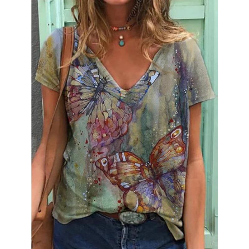 Sommer Schmetterling Libelle 3D V-Ausschnitt Bedruckt Neues Damen Top T-Shirt