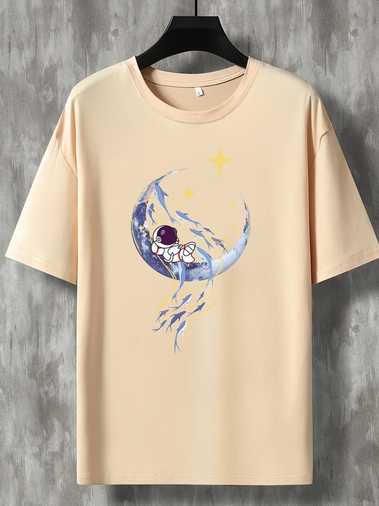 Mens Casual and Fashionable Moon Astronaut Graphic Printed Round Neck Short Sleeved Tshirt with Loose Clothing Added