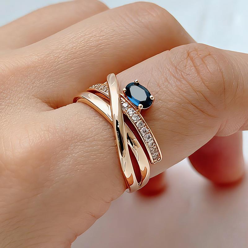 Kinel Unusual 585 Rose Gold Color Cross Rings for Women Luxury Shiny Blue Natural Zircon Accessories Party Daily Jewelry