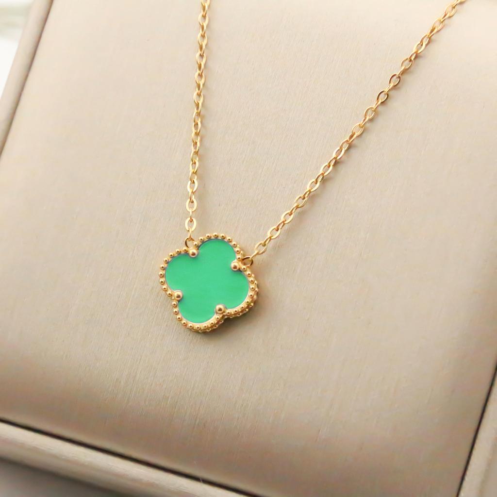 15mm Dubbelsidigt Titanstål Fyrklöver Halsband Dam Enkelt Titanstål Nyckelbenskedja Halsband Nät Röd Smycke