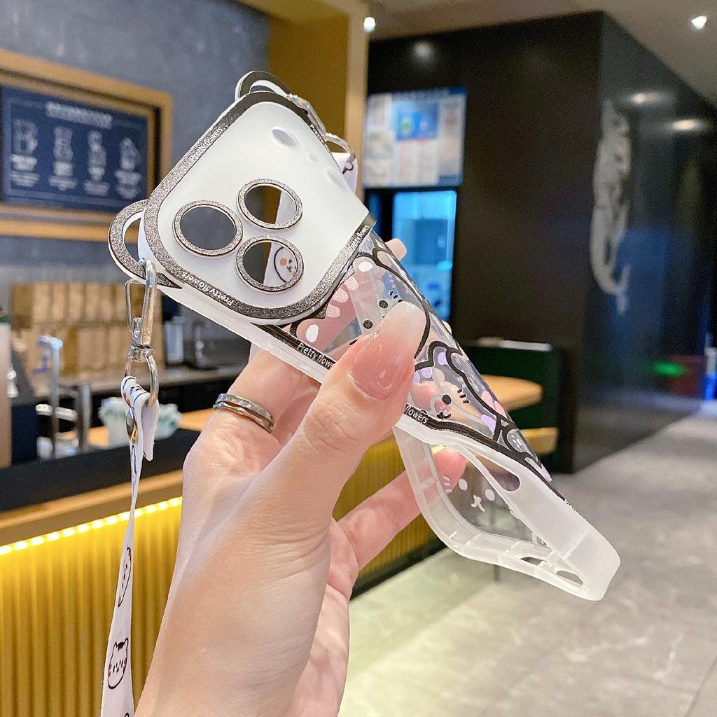 For iPhone 17 Pro Case Cute Bear Design Shockproof TPU Phone Back Cover with Shoulder Strap