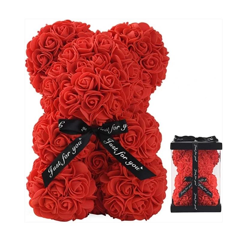 25cm Artificial Teddy Rose Flower Bear with Box Romantic Valentines Day Gift Girlfriend Women Anniversary Wedding Party Supplie