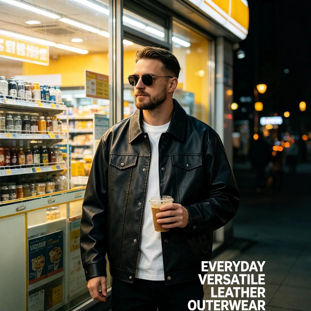 Black tooling, men's leather jacket, shoulder-length loose lapel leather jacket, and a youth leisure locomotive jacket.
