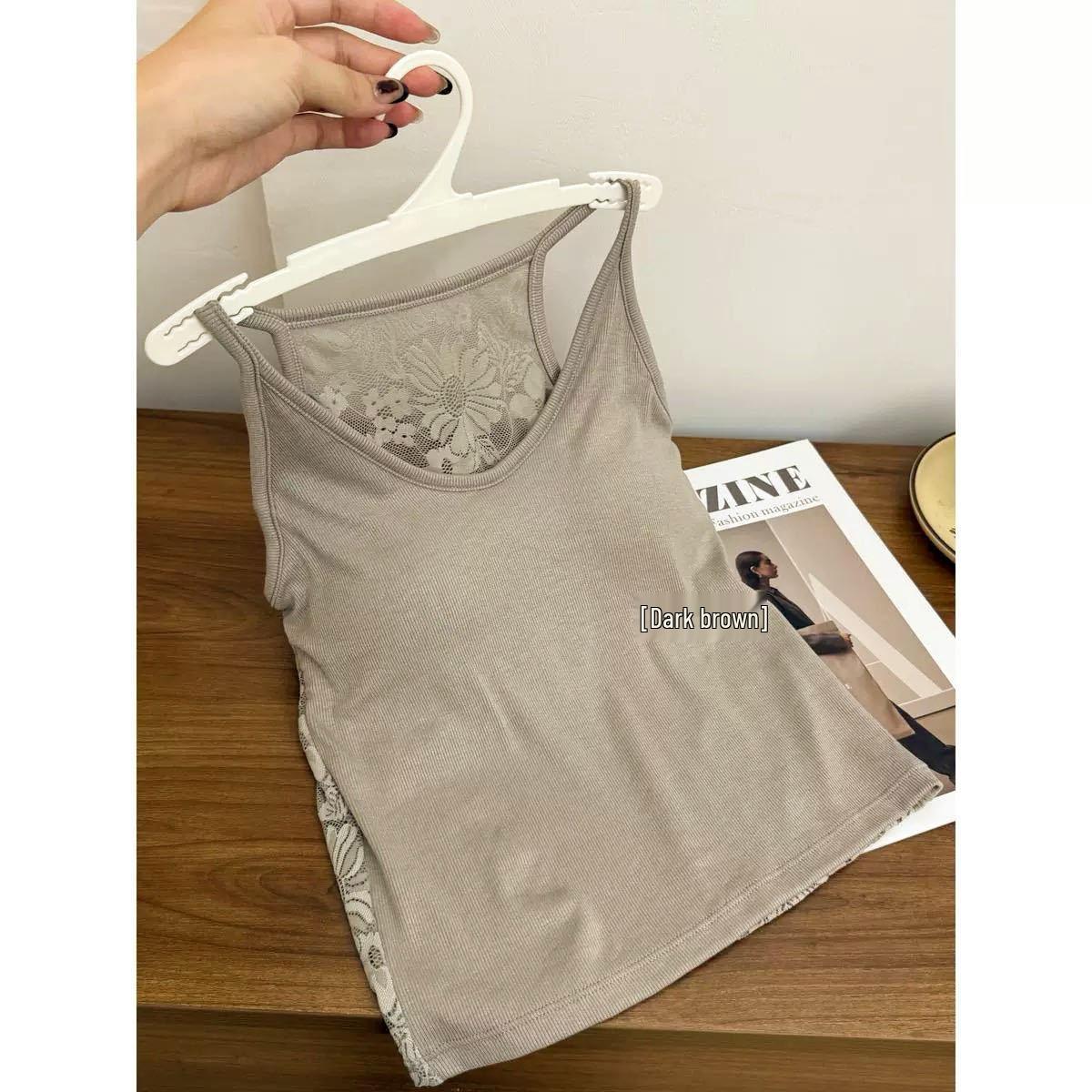 

Hot Selling Lace Back Camisole with Chest Pads - Slimming Spicy Girl Top Lingerie One Size: 40-57.5 kg коричневый
