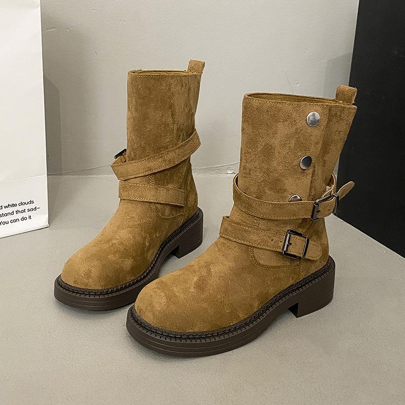 Vintage Thick Heel Martin Boots Platform Mid Boots Women's Shoes 2025 Autumn and Winter New Maillard Western Cowboy Boots