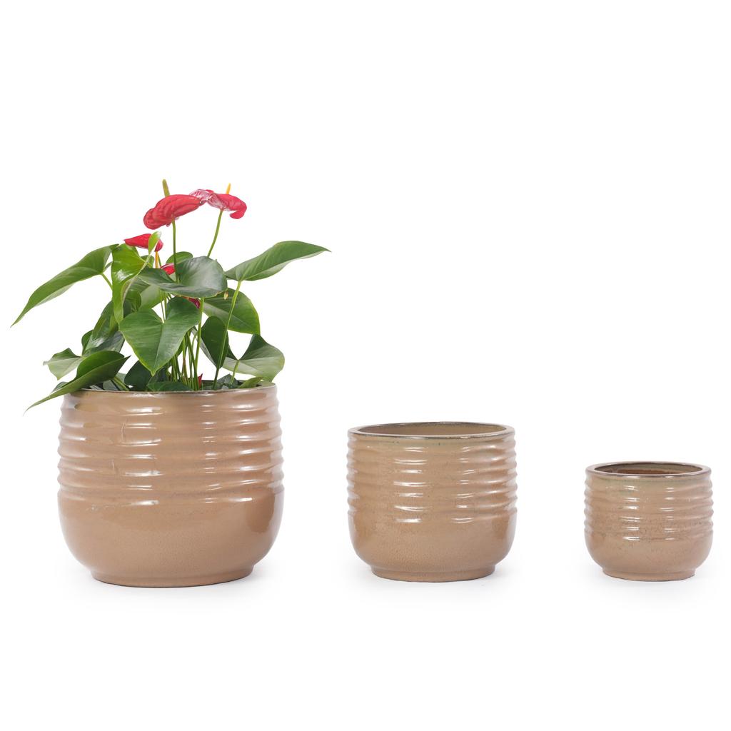 Single Handmade Ceramic Planter (diameter 36 cm), Light Brown, Wave Groove Structure, Breathable, Frost-Resistant