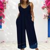 Women Spaghetti Strap Jumpsuit Cosmic Planet Star Patriotic Stripe Print Wide Leg Pants With Pockets