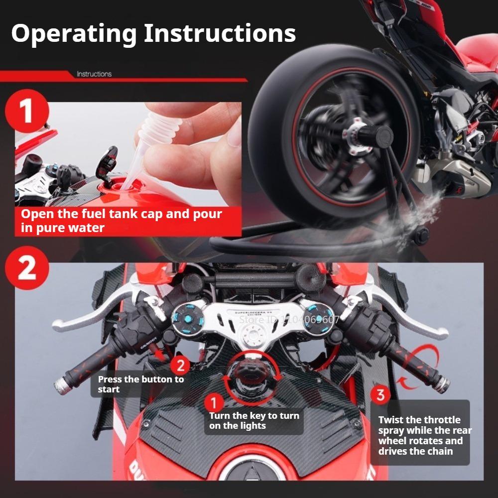 Large 1:7 Scale V4 V4R Motorcycle Model Toy Linkage Steering Shock Absorption Spray Motorbikes Sound Light Models for Kids Toys