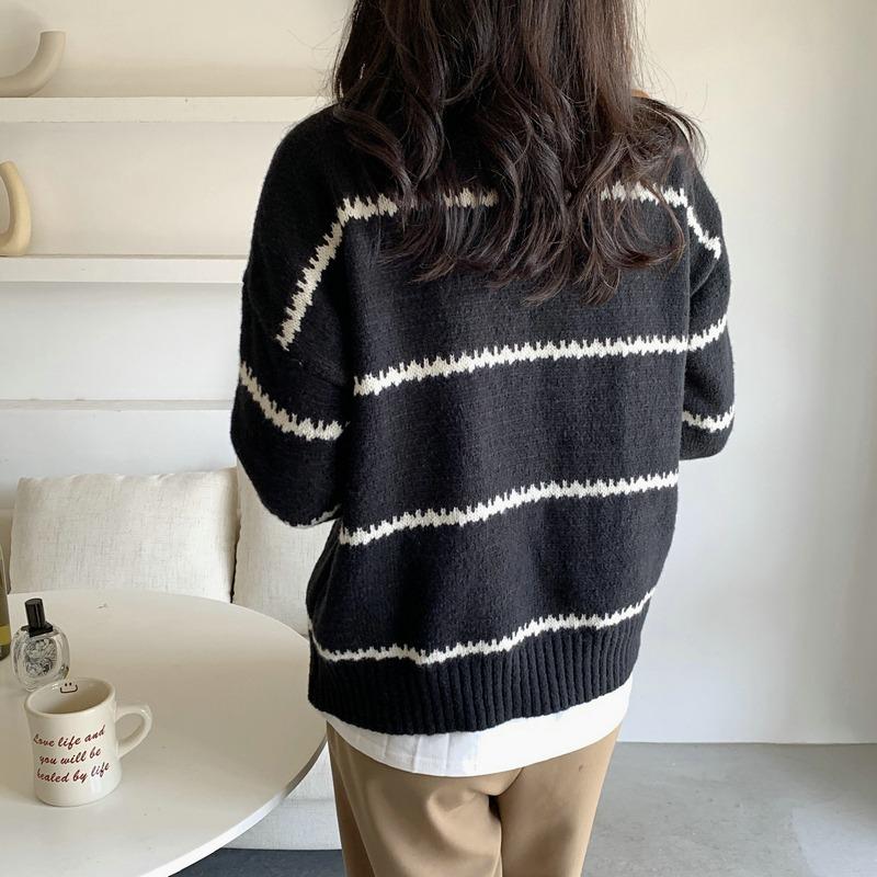 Korean Style Crew Neck Pullover Stripes Women's Sweater Autumn Winter Fashion New Casual Loose Long Sleeved Knitted Tops Office Lady Elegant Clothing