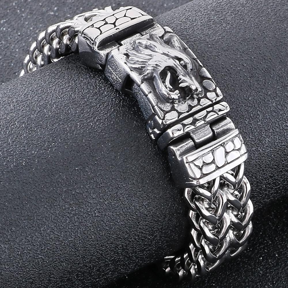 Cool Punk Chinese Loong Dragon Head Bracelet for Men 16MM Width Double Layer Square Franco Chain Bracelets Men's Male Jewellery