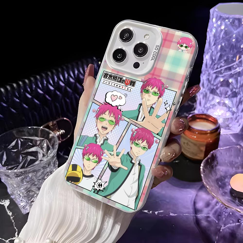 Anime S-Saiki Kusuo Phone Case For iPhone 16 15 14 13 12 11 Pro Max White Matte Laser Metallic Aurora Funda