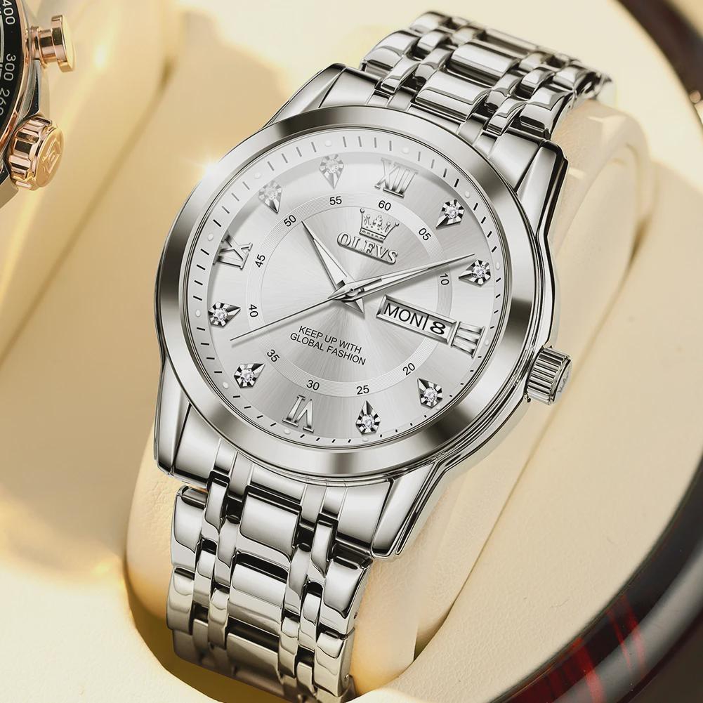 OLEVS Men's Watch Dual Calendar Display Waterproof Luminous Original Luxury Diamond Watch Fashion Men's Watch