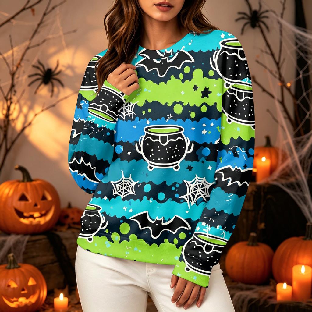 Women's Halloween Long Sleeve Sweatshirt with Pumpkin Print, Round Neck Pullover Top for Casual Daily Wear