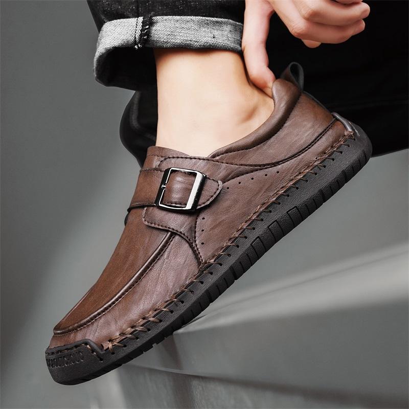 Fashion High Quality Handmade Stitched Business Men Leather Shoes Fashion Comfortable Loafers Flat Bottomed Outdoor Walking Sports Shoes