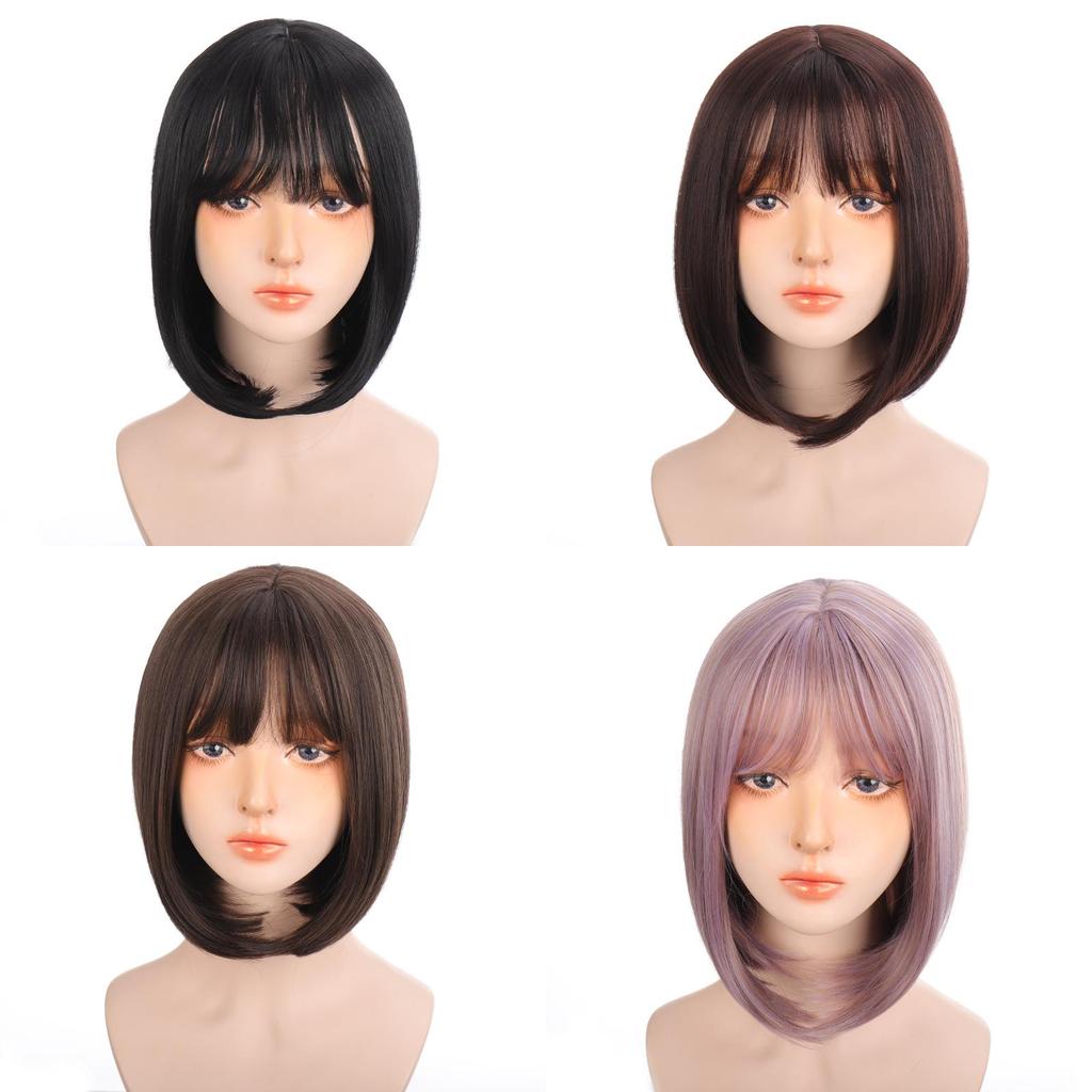 Short Bob Wig With Bangs for Women Synthetic Bob Wigs Black Pink Purple Cosplay Wigs for Party Daily Shoulder Length