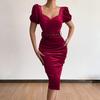 Square Neck Belt Waist Tight Party Dress Solid Color Puff Short Sleeve Holiday Dress Female Clothes