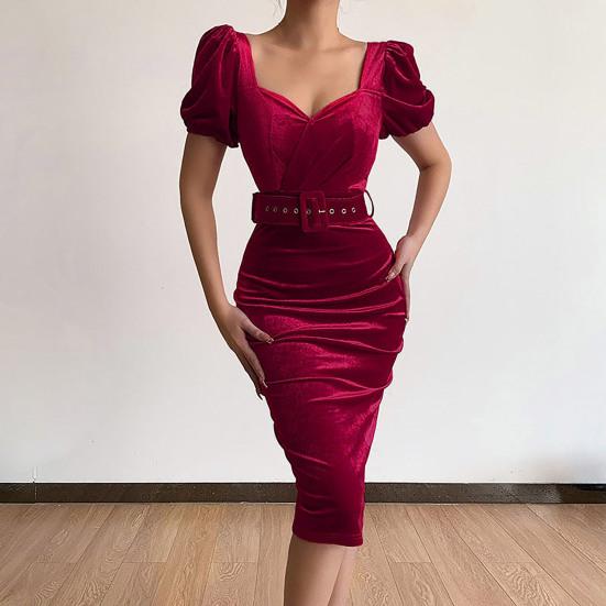 Square Neck Belt Waist Tight Party Dress Solid Color Puff Short Sleeve Holiday Dress Female Clothes