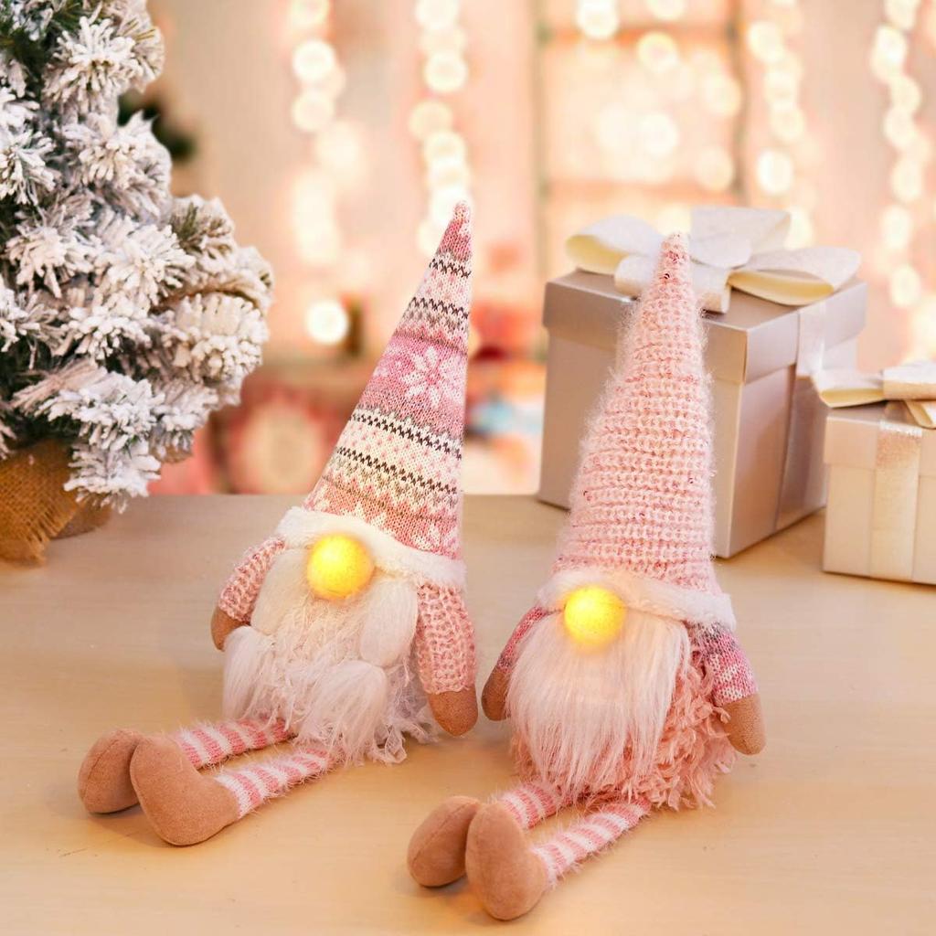 D-FantiX Pink Christmas Valentine Gnomes Decorations, 2Pack Handmade Swedish Tomte Gnome with LED Lighting Nose Scandinavian Figurine Pink Gnomes