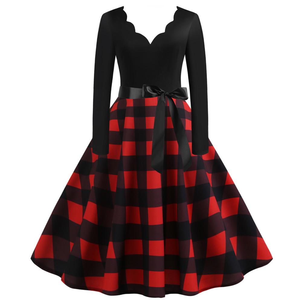 Women's Vintage Midi Dress Long Sleeve Printed Fit and Flare A Line Party Dress
