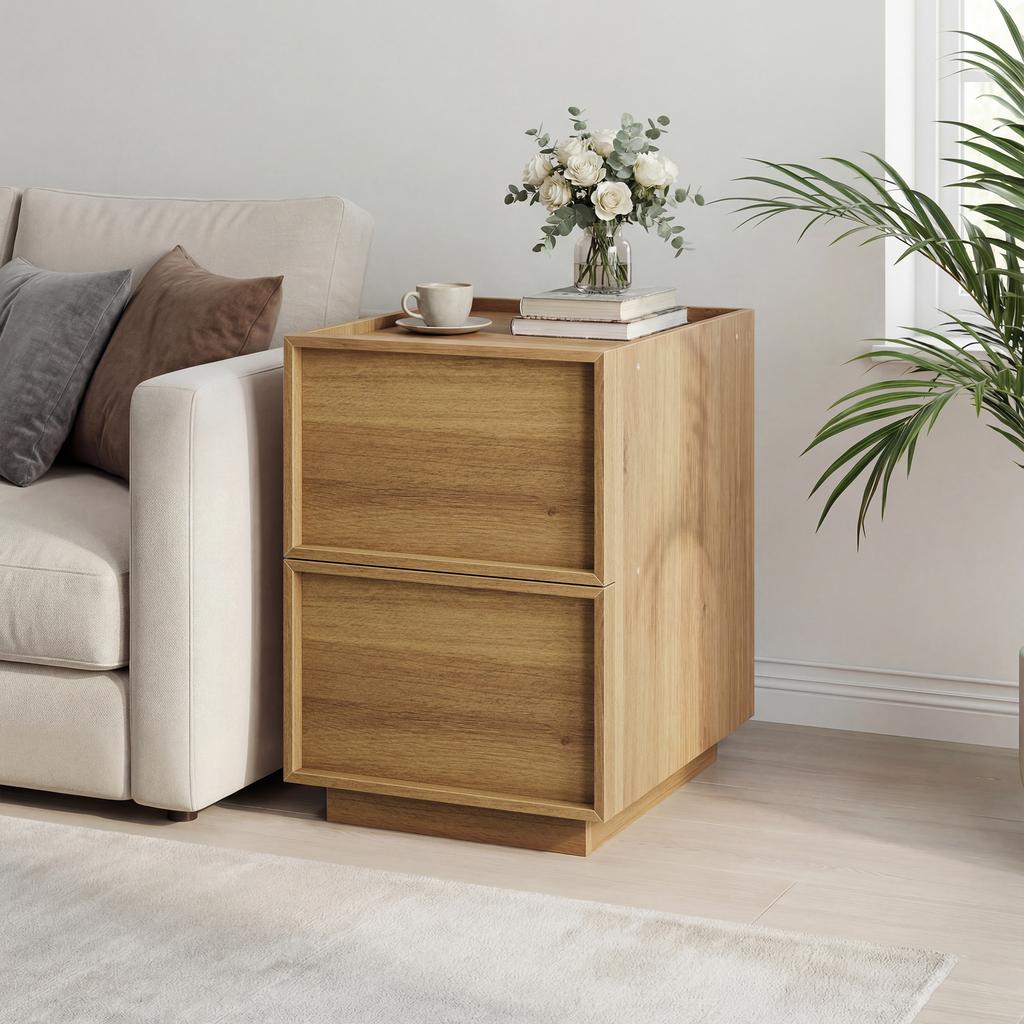 Mid-Century Modern Nightstand made of Oak, 38 x 48x 50 cm, Bedroom Nightstand, Handleless Drawer Design, 1 Piece.