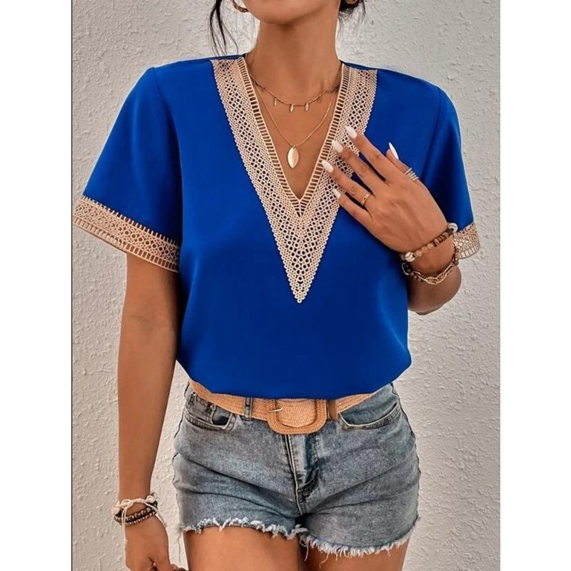 Summer new, women's V-neck lace casual solid color shirt