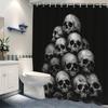 Skull Pyramid Shower Curtain - Black & White Skull Stack Design On Solid Black Background, Durable Polyester Fabric