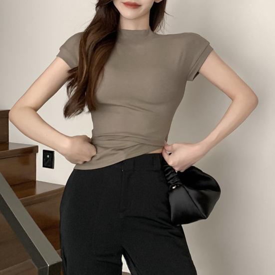 Dámské topy Polovysoký límec Krátký rukáv Přiléhavé tričko Jednobarevné