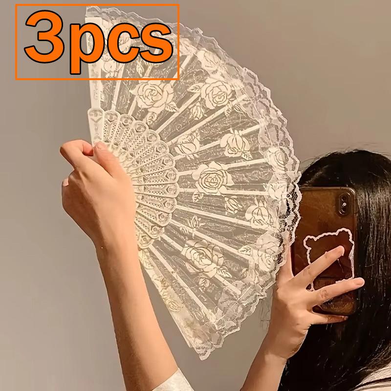 3/1pcs Vintage Lace Folding Fan Good Photography Prop Mesh Floral Rose Embroidery for Wedding Halloween Masked Ball Party Gift