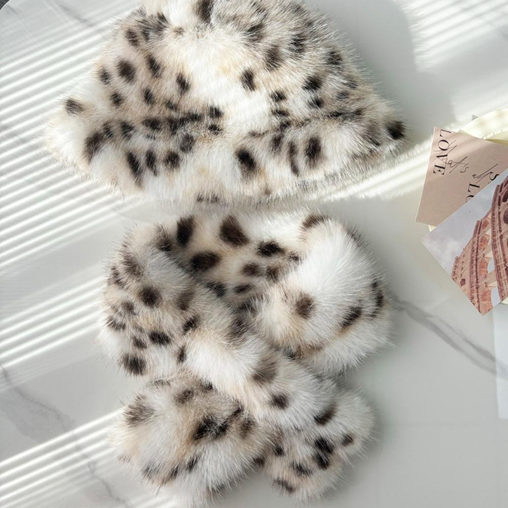 Leopard Print Plush Cap Scarf Set Fluffy Thicken Warm Fisherman Hat Outdoor Wear