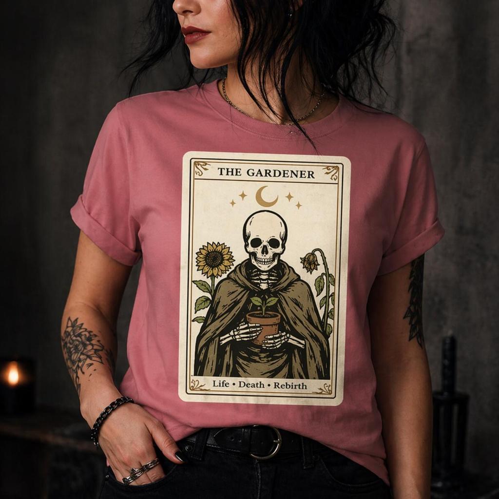 The Gardener Tarot Shirt, Skeleton Botanical Gothic Tee, Dark Academia Life Rebirth