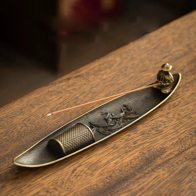 Zen Old Man Fishing Boat Incense Holder - Japanese Style metal Incense Burner Ash Catcher Meditation Decor Unique Ornaments 7