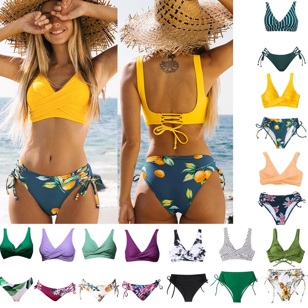 Two Piece Bikini Swimsuit for Women Floral Print High Waist Bottoms Sleeveless Crop Top Swimwear Set with Adjustable Ties