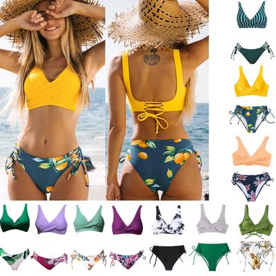 Two Piece Bikini Swimsuit for Women Floral Print High Waist Bottoms Sleeveless Crop Top Swimwear Set with Adjustable Ties