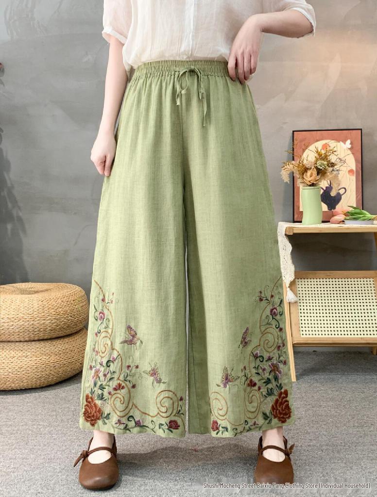 2026 Spring Women's Linen Embroidered Pants - Elastic Waist, Straight Leg, Casual and Versatile.