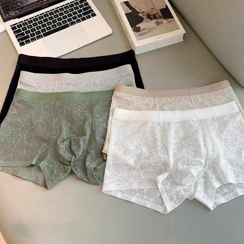 1PC Ice Silk Quick Dry Men Boxer Briefs Breathable Shorts Boxers Fashion Underpants Lace Jacquard