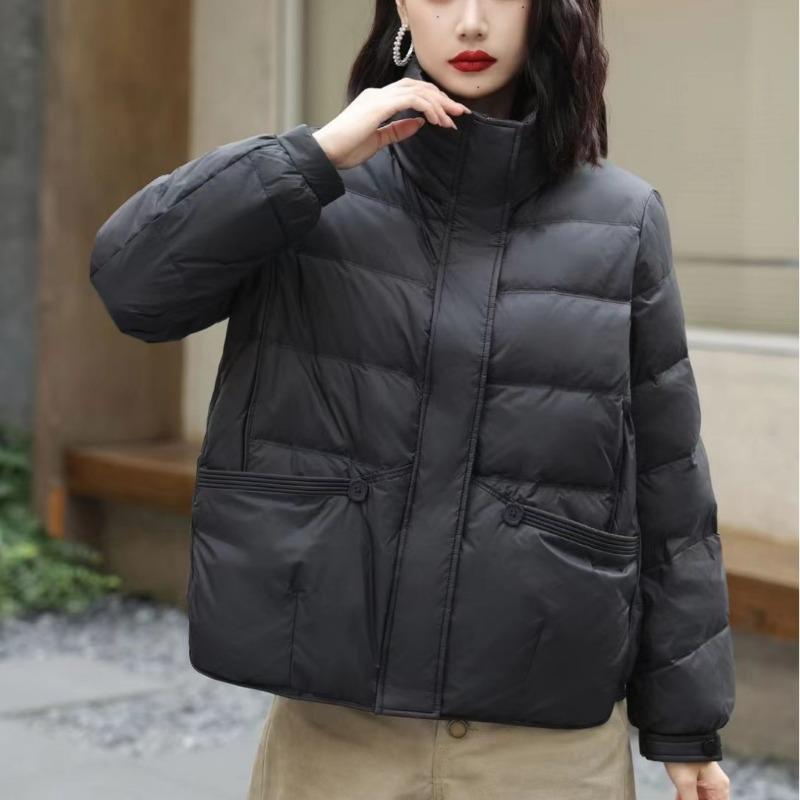 Down jacket women's loose stand-up collar fashionable versatile short literary and retro winter white duck down warm jacket