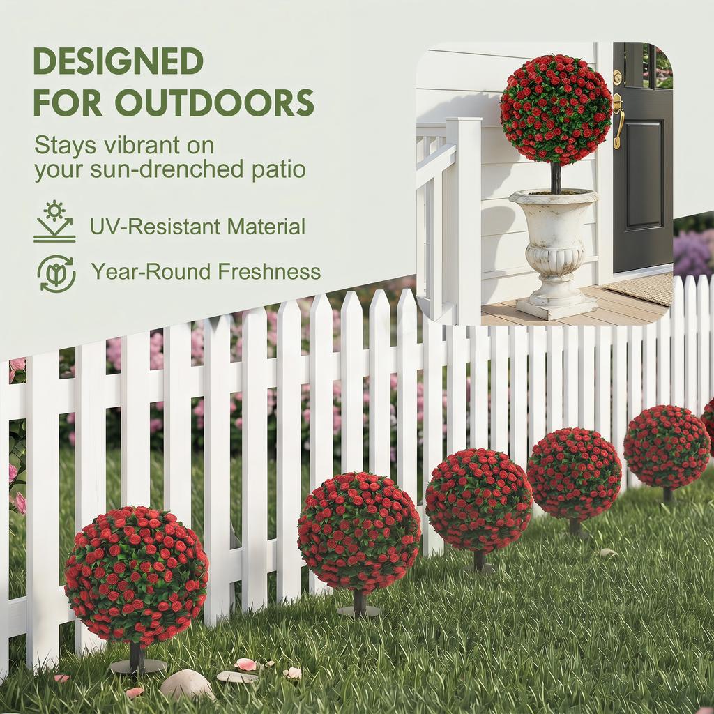 Artificial Rose Topiary Uv Resistant 2 Pack Fake Plants 55 Cm Red