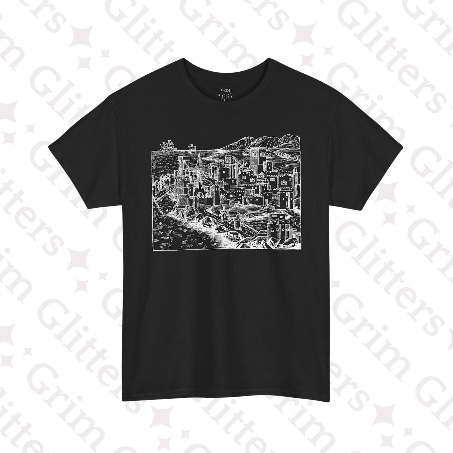 View of Rhodes T-Shirt: 1493 Woodcut Cityscape, Castlecore Medieval Map Tee L
