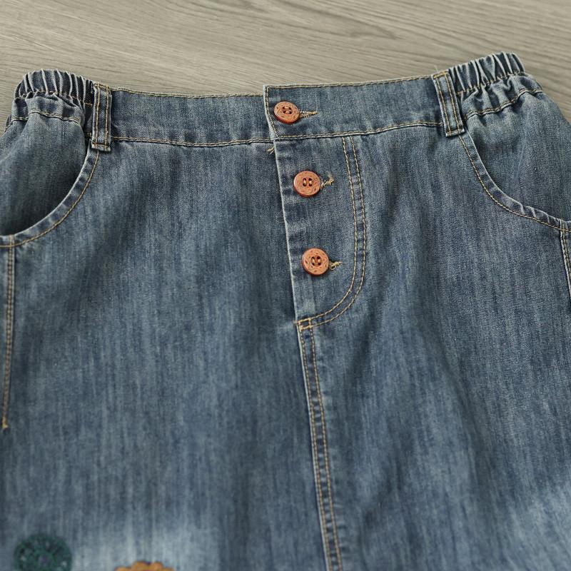 Summer Embroidered Flower Semi-elastic Waist Button Denim Skirt