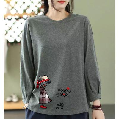 Cotton 9-inch Sleeve Printed Spring and Autumn Korean Version Solid Color Loose Fit Plus Size Slimming Round Neck T-shirt