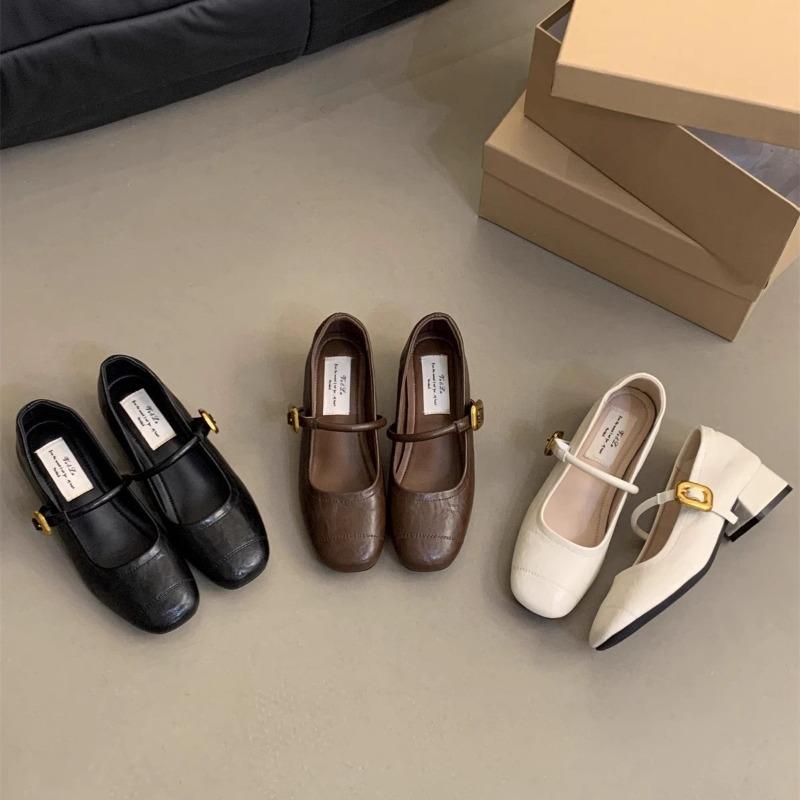 Shallow Single Shoes Women's Thick Heel Spring New Small Leather Shoes Retro Medium Heel Mary Jane Shoes